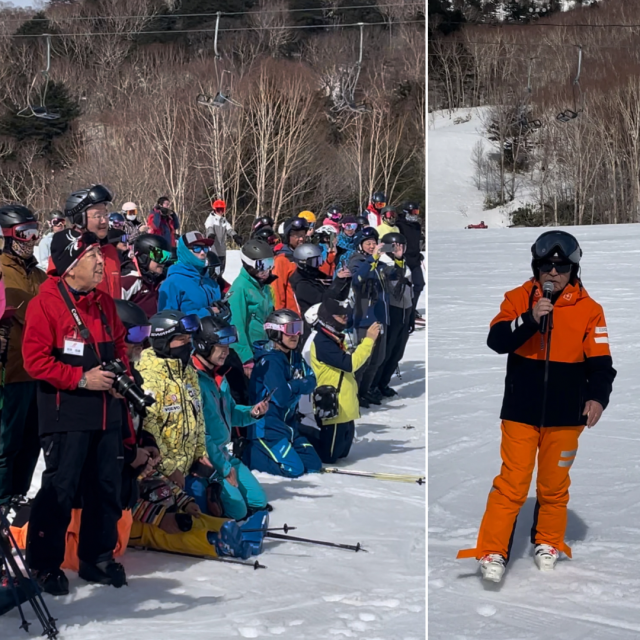 まずは大岩会長の司会により、万座テスティングキャンプ開催以来、皆勤賞でご参加いただいているスキーヤーをご紹介！
あの丸山貴雄氏について滑っていける唯一の70代スキーヤー！！